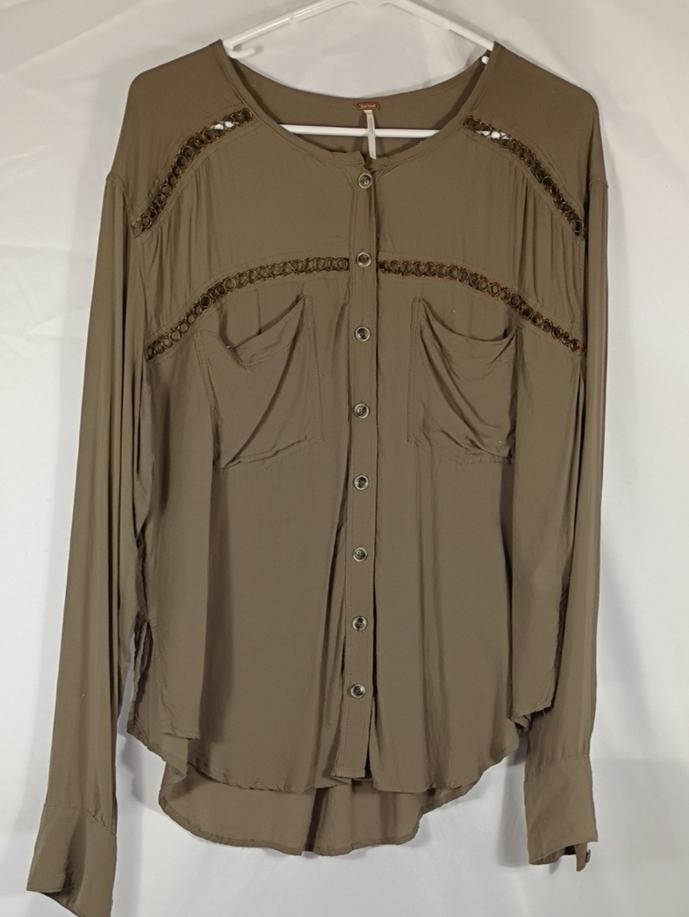 Free People In Circles Button down Olive Green Semi Sheer Long Sleeve SZ Small